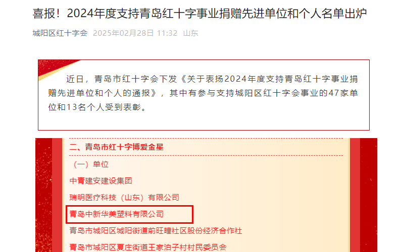 喜報(bào)！青島中新華美塑料有限公司榮獲“青島市紅十字博愛金星”獎(jiǎng)
